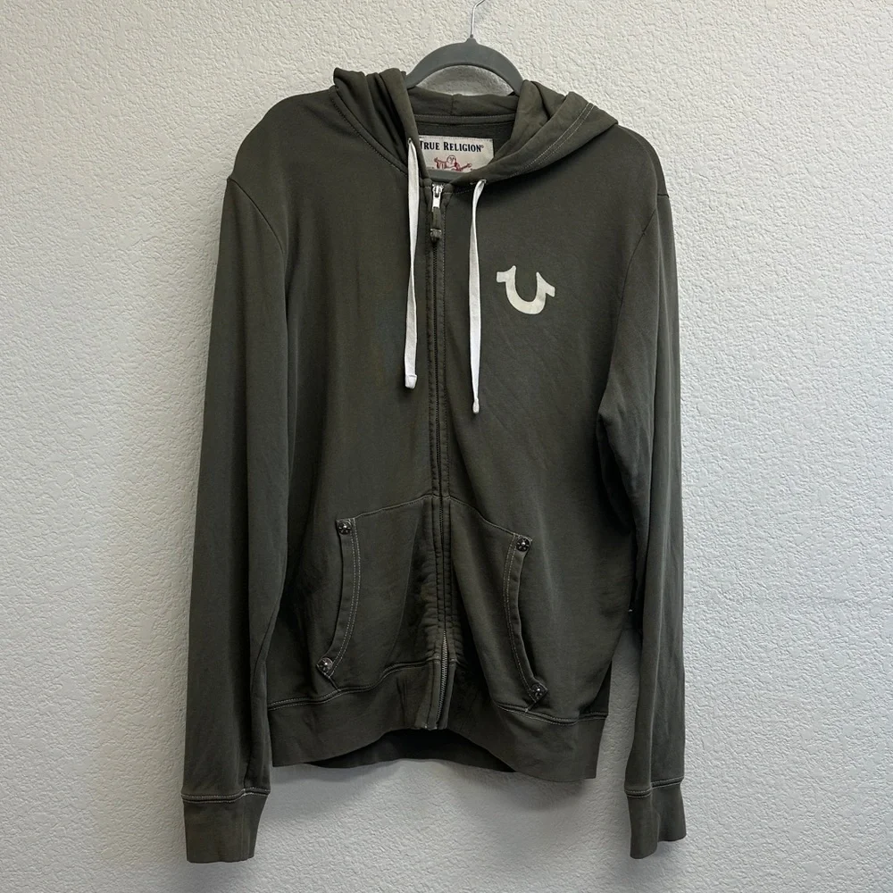 True Religion Buddha Logo Zip Sweatshirt Men khaki green hoodie